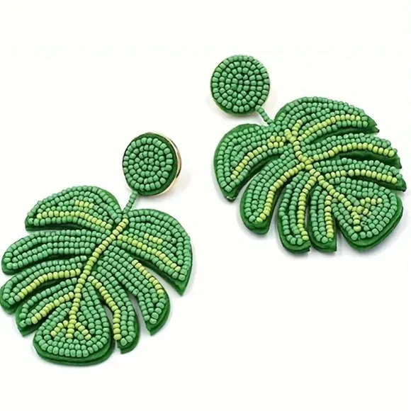REVOLVE ❤️‍🔥 GLASS BEAD GREEN PALM LEAF EARRINGS NWT - Picture 5 of 8